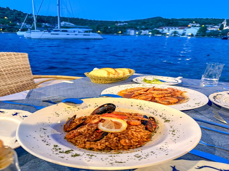 Seafood risotto and prawns at dinner
