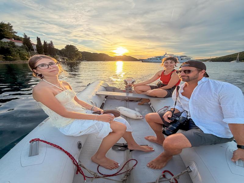 Heading to dinner on the dinghy with our captian, Marina