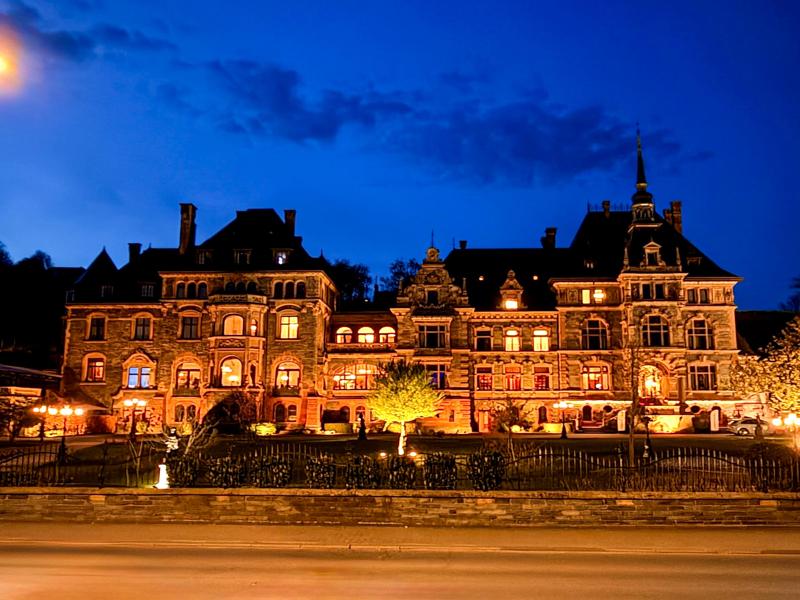 Hotel lit up at night