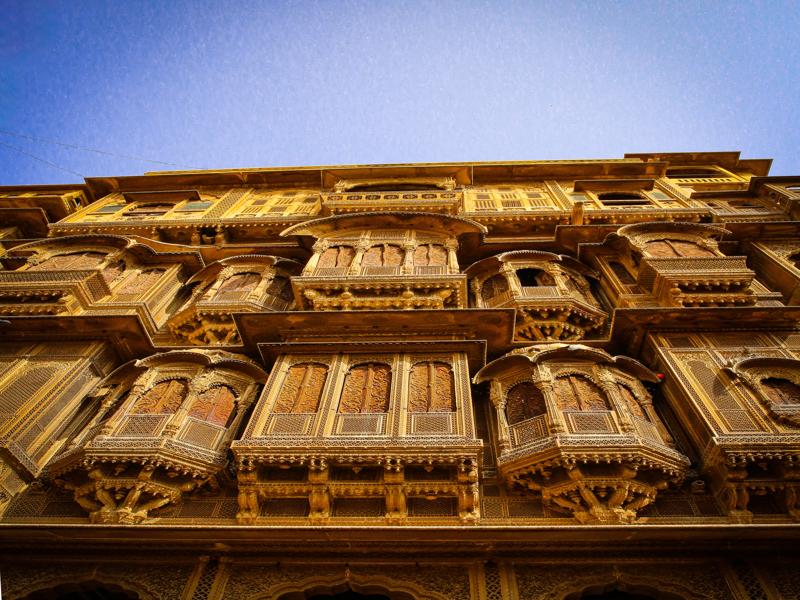 Intricate designs of the haveli from the street