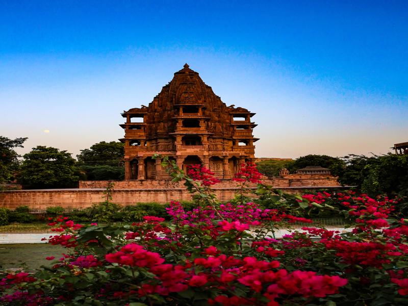 Temple and flowers at sunset