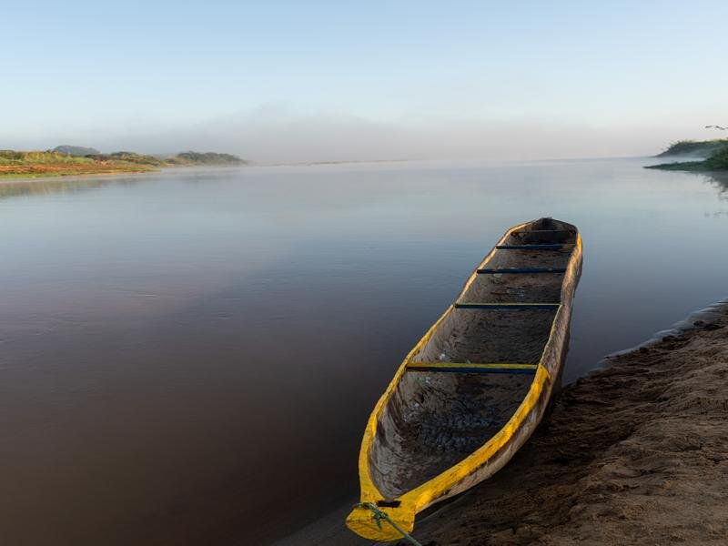 Our canoe in the morning mist